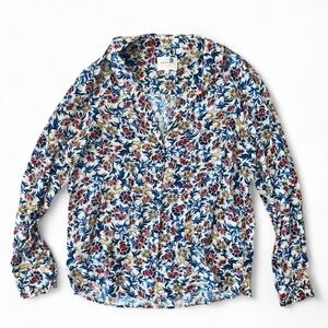 Sezane Elisa model ochre print floral classic cut button-down shirt